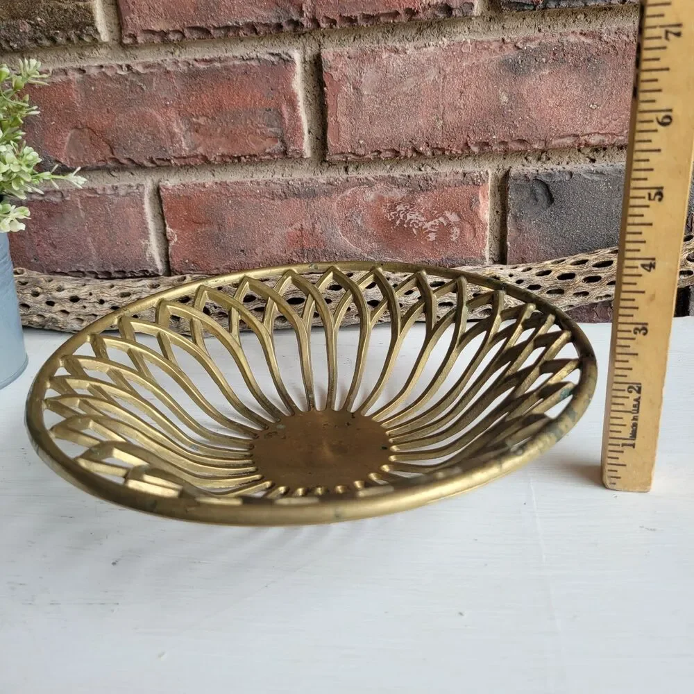 RARE Mid Century Solid Brass Openwork Lotus Bowl Tray